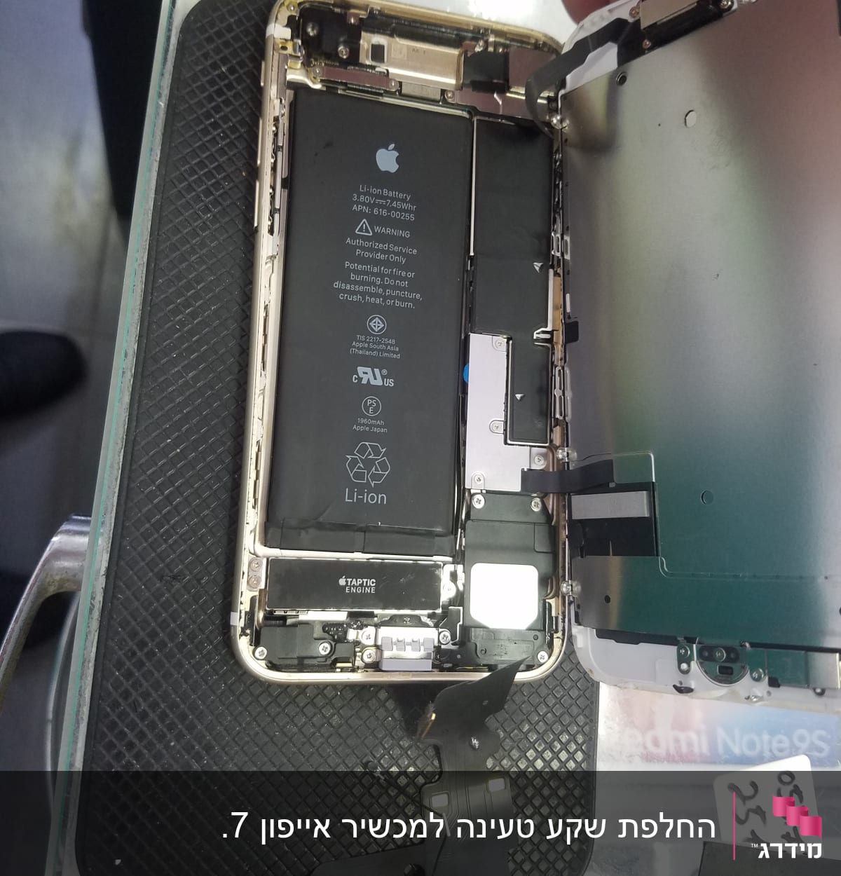 אייפון פתוח עם סוללה ומעגלים פנימיים גלויים